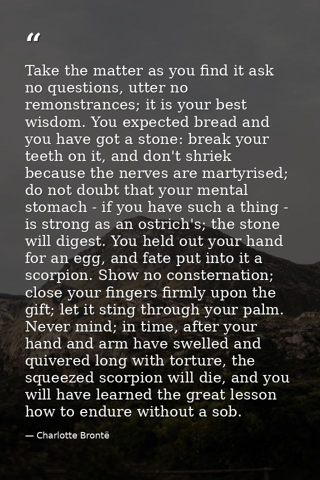 Take the matter as you find it ask no questions, utter no remonstrances; it is your best wisdom. You expected bread and  — Charlotte Brontë