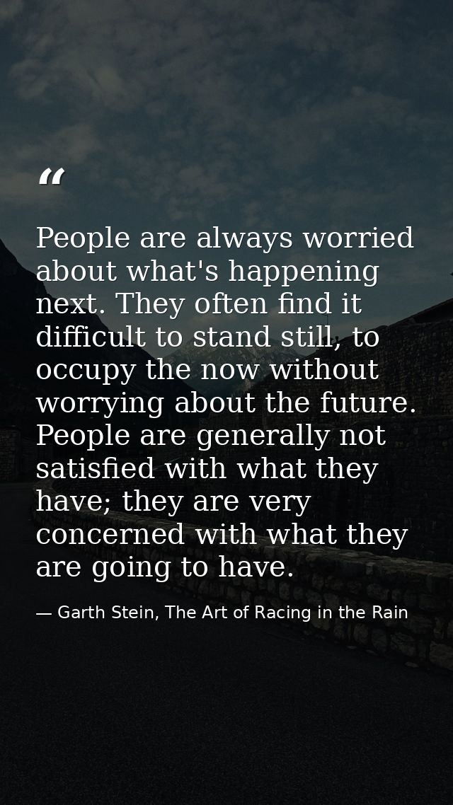 People are always worried about what's happening next. They often find it difficult to stand still, to occupy the now wi — Garth Stein, The Art of Racing in the Rain