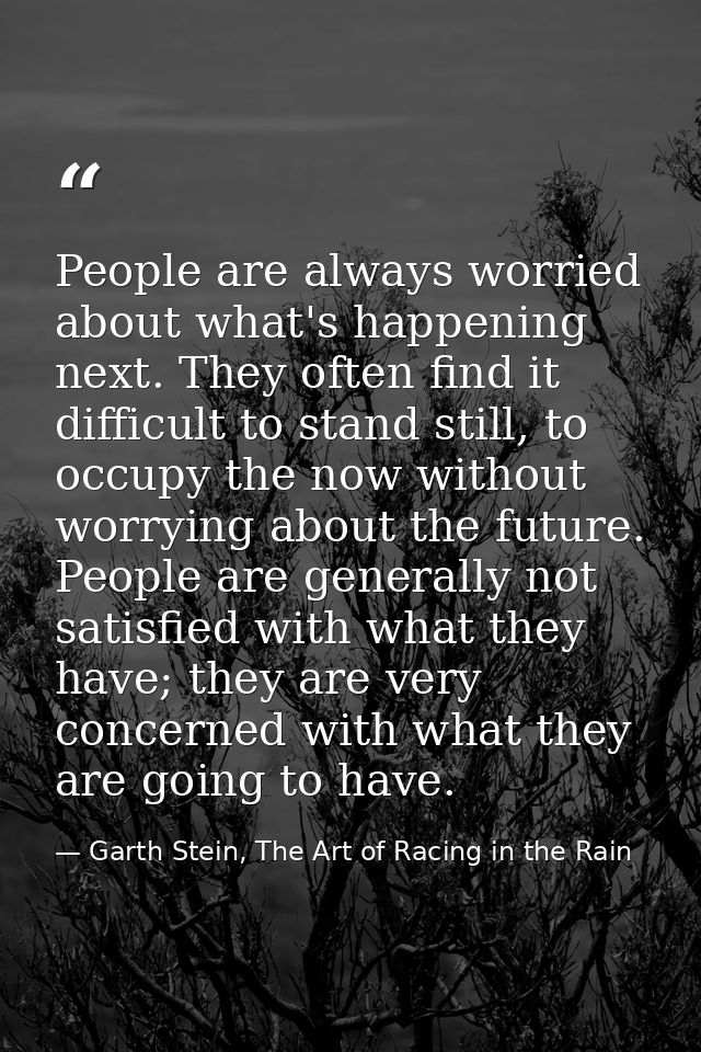 People are always worried about what's happening next. They often find it difficult to stand still, to occupy the now wi — Garth Stein, The Art of Racing in the Rain