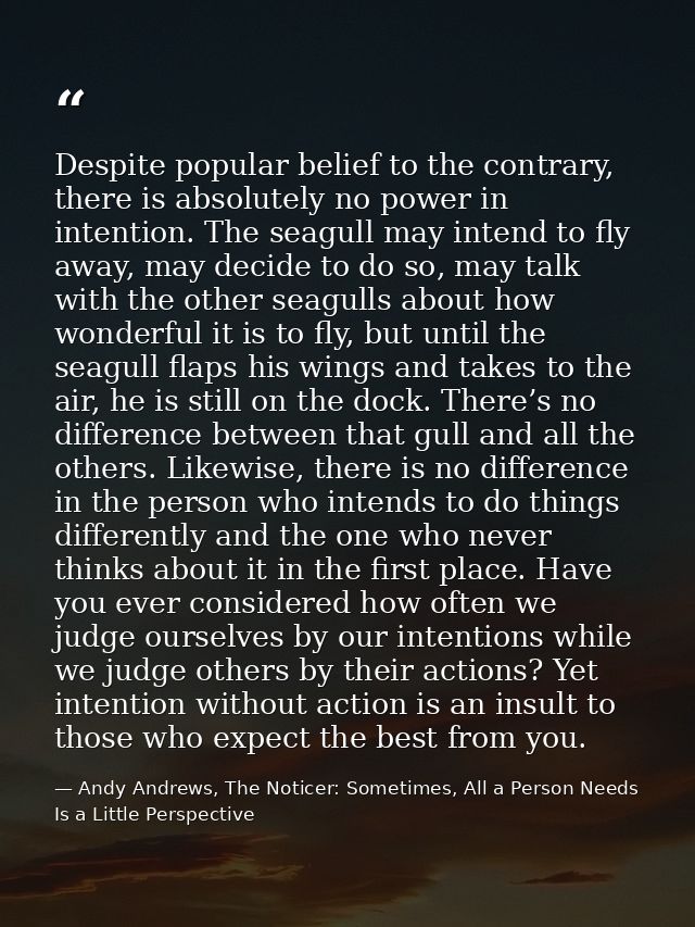 Despite popular belief to the contrary, there is absolutely no power in intention. The seagull may intend to fly away, m — Andy Andrews, The Noticer: Sometimes, All a Person Needs Is a Little Perspective