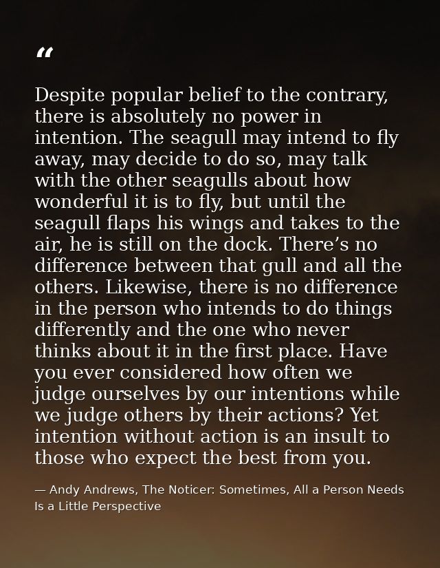 Despite popular belief to the contrary, there is absolutely no power in intention. The seagull may intend to fly away, m — Andy Andrews, The Noticer: Sometimes, All a Person Needs Is a Little Perspective
