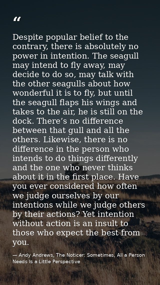 Despite popular belief to the contrary, there is absolutely no power in intention. The seagull may intend to fly away, m — Andy Andrews, The Noticer: Sometimes, All a Person Needs Is a Little Perspective
