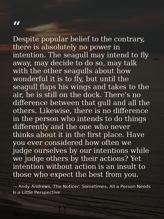 Despite popular belief to the contrary, there is absolutely no power in intention. The seagull may intend to fly away, m — Andy Andrews, The Noticer: Sometimes, All a Person Needs Is a Little Perspective