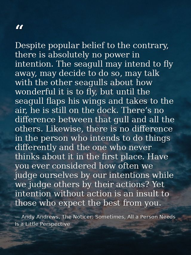 Despite popular belief to the contrary, there is absolutely no power in intention. The seagull may intend to fly away, m — Andy Andrews, The Noticer: Sometimes, All a Person Needs Is a Little Perspective