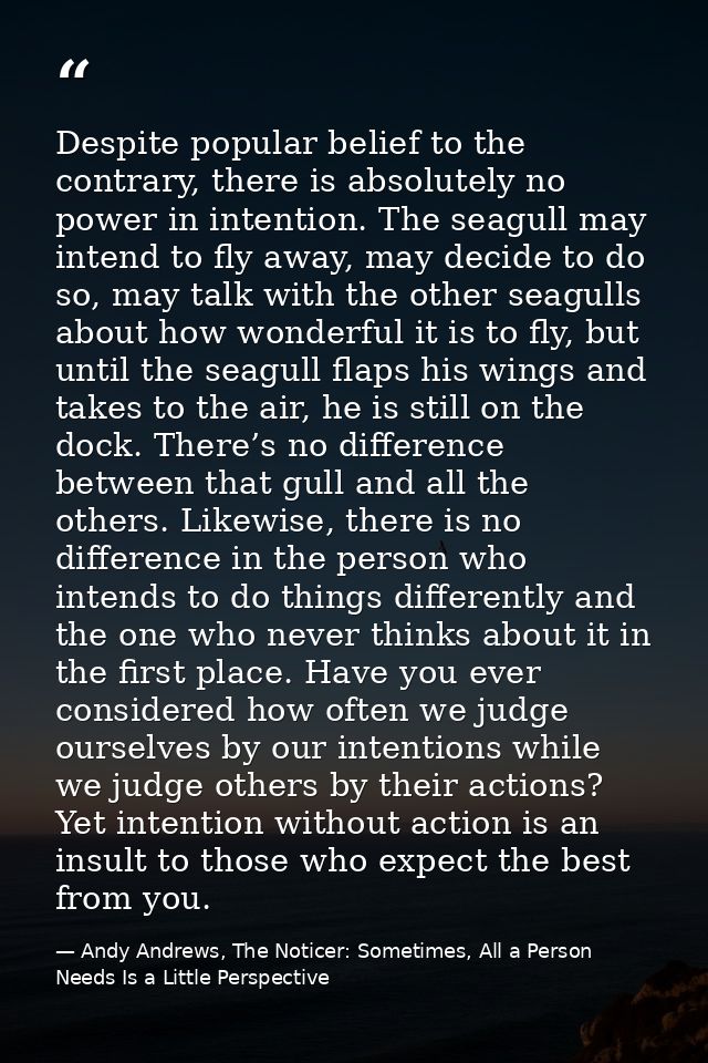 Despite popular belief to the contrary, there is absolutely no power in intention. The seagull may intend to fly away, m — Andy Andrews, The Noticer: Sometimes, All a Person Needs Is a Little Perspective