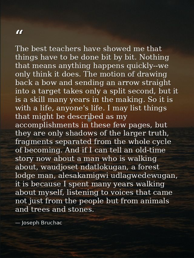 The best teachers have showed me that things have to be done bit by bit. Nothing that means anything happens quickly--we — Joseph Bruchac