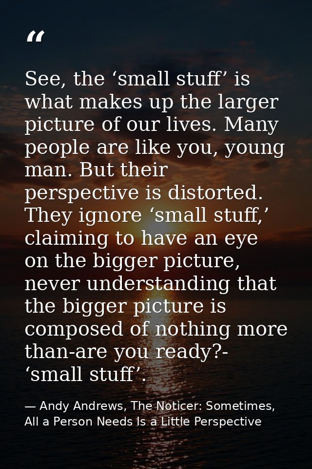 See, the ‘small stuff’ is what makes up the larger picture of our lives. Many people are like you, young man. But their  — Andy Andrews, The Noticer: Sometimes, All a Person Needs Is a Little Perspective