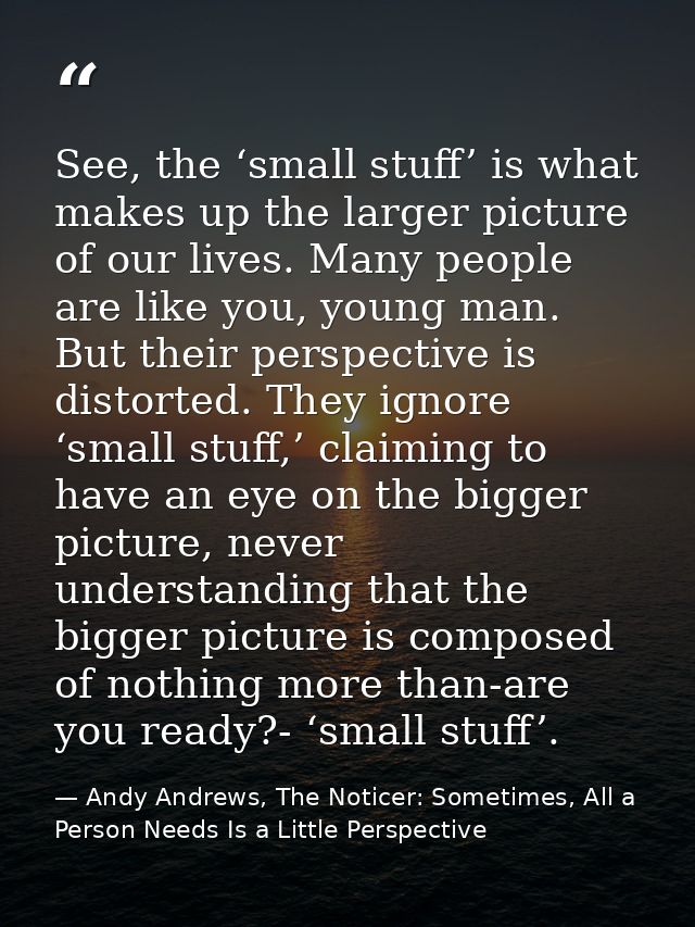 See, the ‘small stuff’ is what makes up the larger picture of our lives. Many people are like you, young man. But their  — Andy Andrews, The Noticer: Sometimes, All a Person Needs Is a Little Perspective