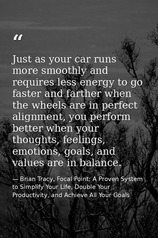 Just as your car runs more smoothly and requires less energy to go faster and farther when the wheels are in perfect ali — Brian Tracy, Focal Point: A Proven System to Simplify Your Life, Double Your Productivity, and Achieve All Your Goals