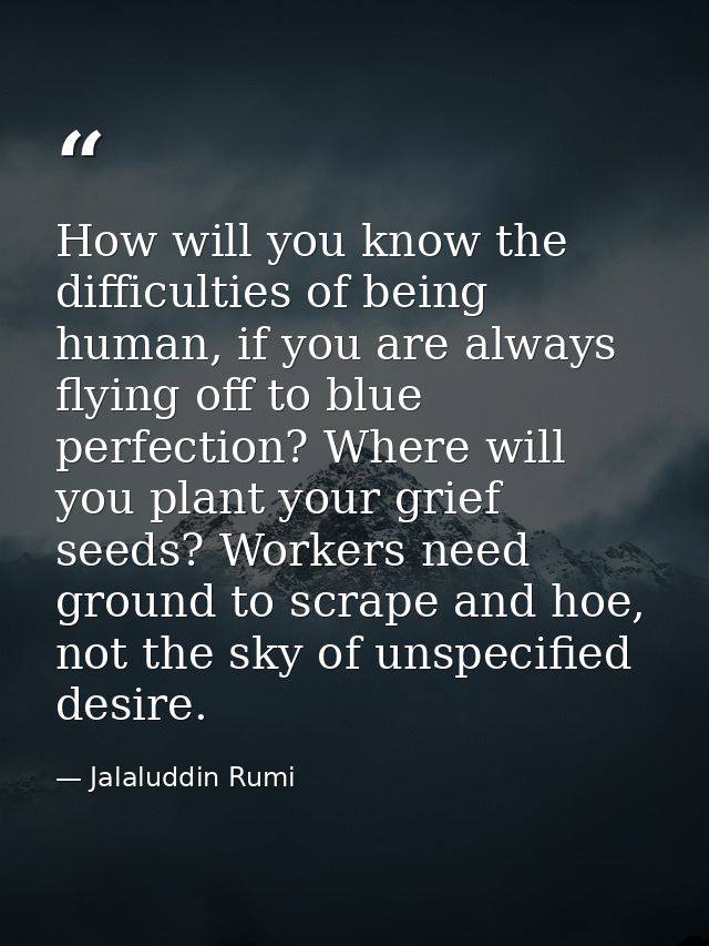 How will you know the difficulties of being human, if you are always flying off to blue perfection? Where will you plant — Jalaluddin Rumi