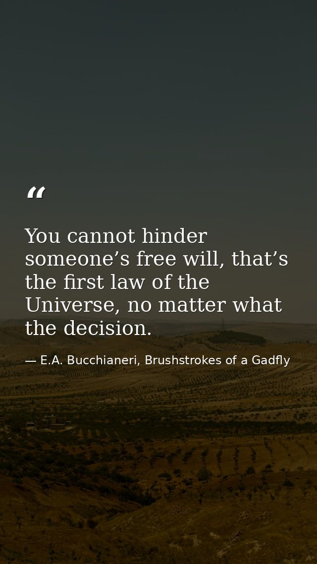 You cannot hinder someone’s free will, that’s the first law of the Universe, no matter what the decision. — E.A. Bucchianeri, Brushstrokes of a Gadfly