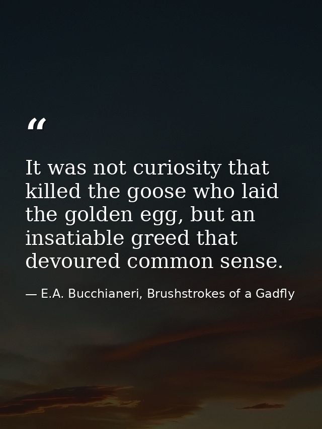 It was not curiosity that killed the goose who laid the golden egg, but an insatiable greed that devoured common sense. — E.A. Bucchianeri, Brushstrokes of a Gadfly