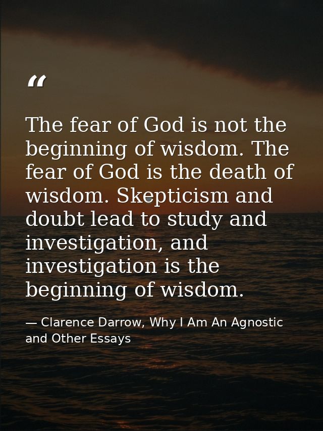 The fear of God is not the beginning of wisdom. The fear of God is the death of wisdom. Skepticism and doubt lead to stu — Clarence Darrow, Why I Am An Agnostic and Other Essays