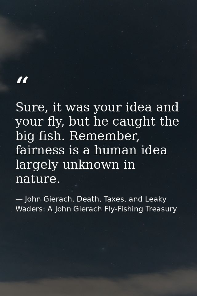 Sure, it was your idea and your fly, but he caught the big fish. Remember, fairness is a human idea largely unknown in n — John Gierach, Death, Taxes, and Leaky Waders: A John Gierach Fly-Fishing Treasury