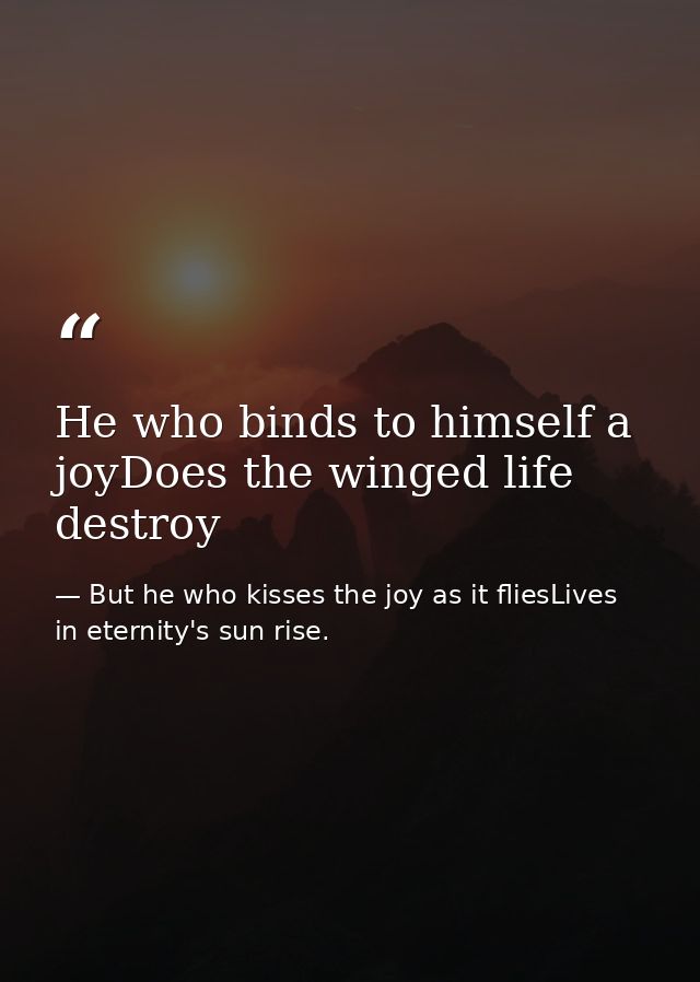He who binds to himself a joyDoes the winged life destroy — But he who kisses the joy as it fliesLives in eternity's sun rise.