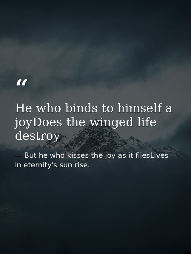 He who binds to himself a joyDoes the winged life destroy — But he who kisses the joy as it fliesLives in eternity's sun rise.