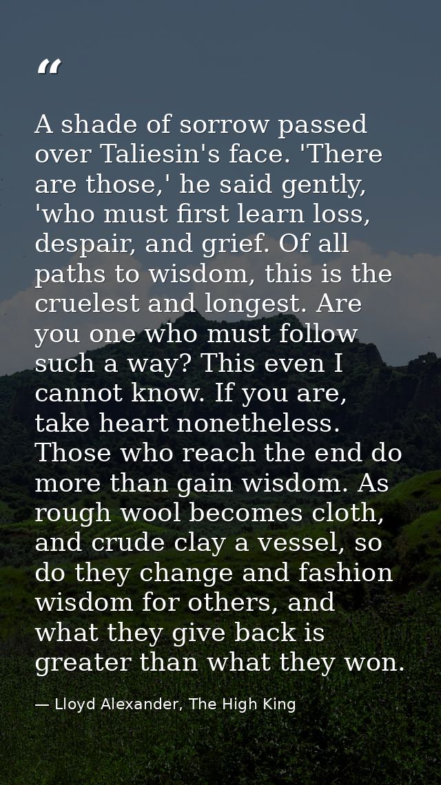 A shade of sorrow passed over Taliesin's face. 'There are those,' he said gently, 'who must first learn loss, despair, a — Lloyd Alexander, The High King