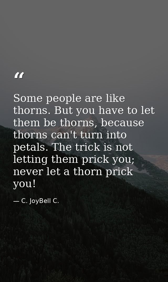 Some people are like thorns. But you have to let them be thorns, because thorns can't turn into petals. The trick is not — C. JoyBell C.