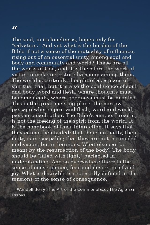 The soul, in its loneliness, hopes only for "salvation." And yet what is the burden of the Bible if not a sense of the m — Wendell Berry, The Art of the Commonplace: The Agrarian Essays