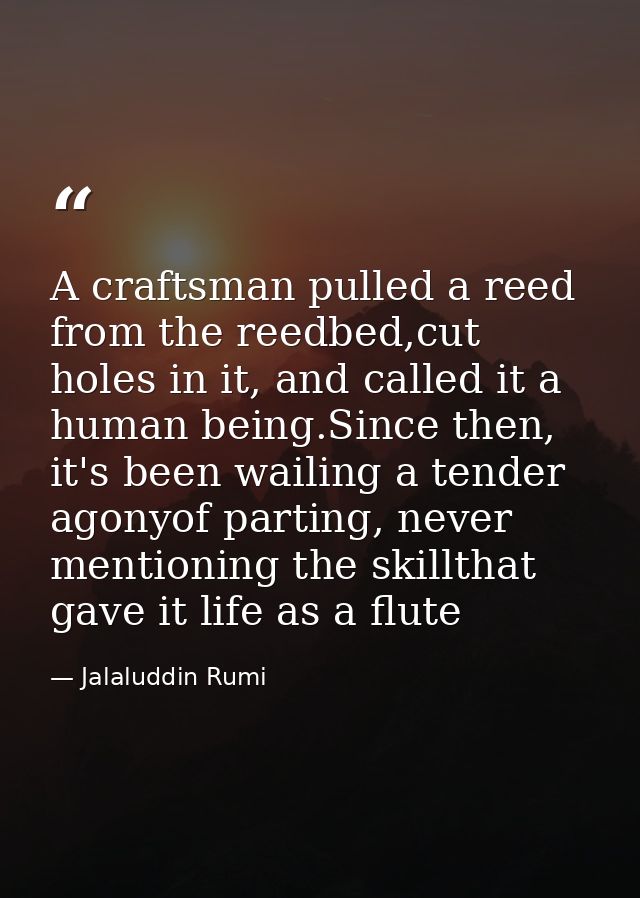 A craftsman pulled a reed from the reedbed,cut holes in it, and called it a human being.Since then, it's been wailing a  — Jalaluddin Rumi