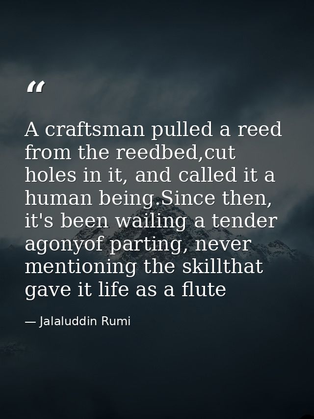 A craftsman pulled a reed from the reedbed,cut holes in it, and called it a human being.Since then, it's been wailing a  — Jalaluddin Rumi