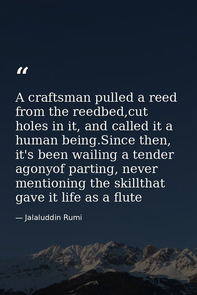 A craftsman pulled a reed from the reedbed,cut holes in it, and called it a human being.Since then, it's been wailing a  — Jalaluddin Rumi