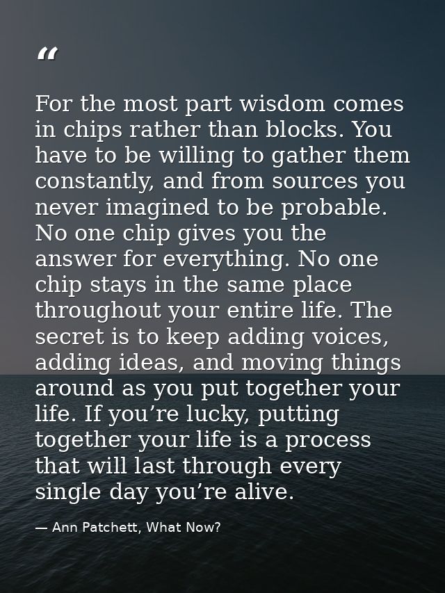 For the most part wisdom comes in chips rather than blocks. You have to be willing to gather them constantly, and from s — Ann Patchett, What Now?
