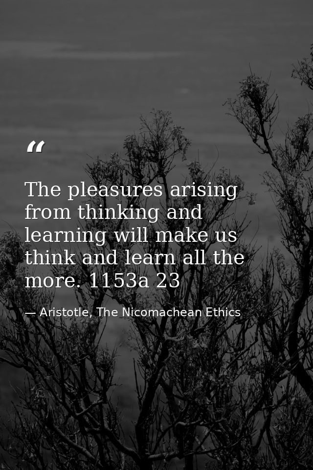 The pleasures arising from thinking and learning will make us think and learn all the more. 1153a 23 — Aristotle, The Nicomachean Ethics