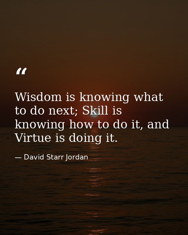 Wisdom is knowing what to do next; Skill is knowing how to do it, and Virtue is doing it. — David Starr Jordan