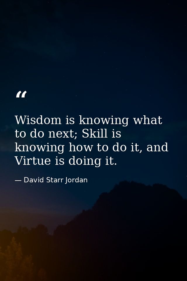 Wisdom is knowing what to do next; Skill is knowing how to do it, and Virtue is doing it. — David Starr Jordan