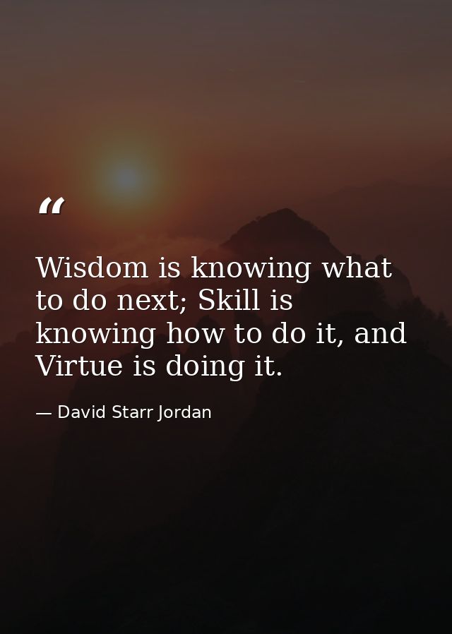Wisdom is knowing what to do next; Skill is knowing how to do it, and Virtue is doing it. — David Starr Jordan