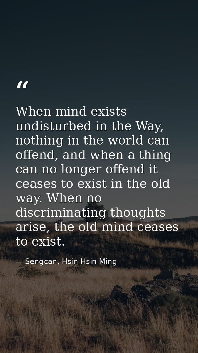 When mind exists undisturbed in the Way, nothing in the world can offend, and when a thing can no longer offend it cease — Sengcan, Hsin Hsin Ming