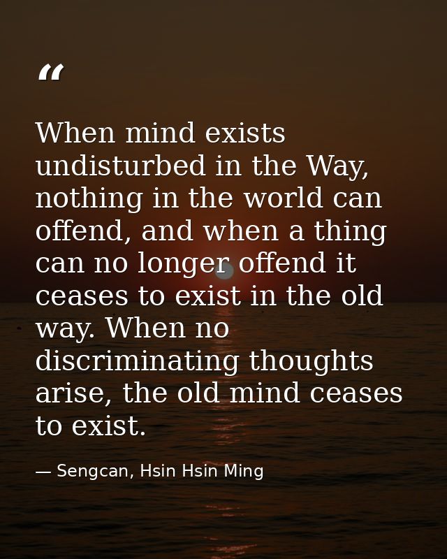 When mind exists undisturbed in the Way, nothing in the world can offend, and when a thing can no longer offend it cease — Sengcan, Hsin Hsin Ming