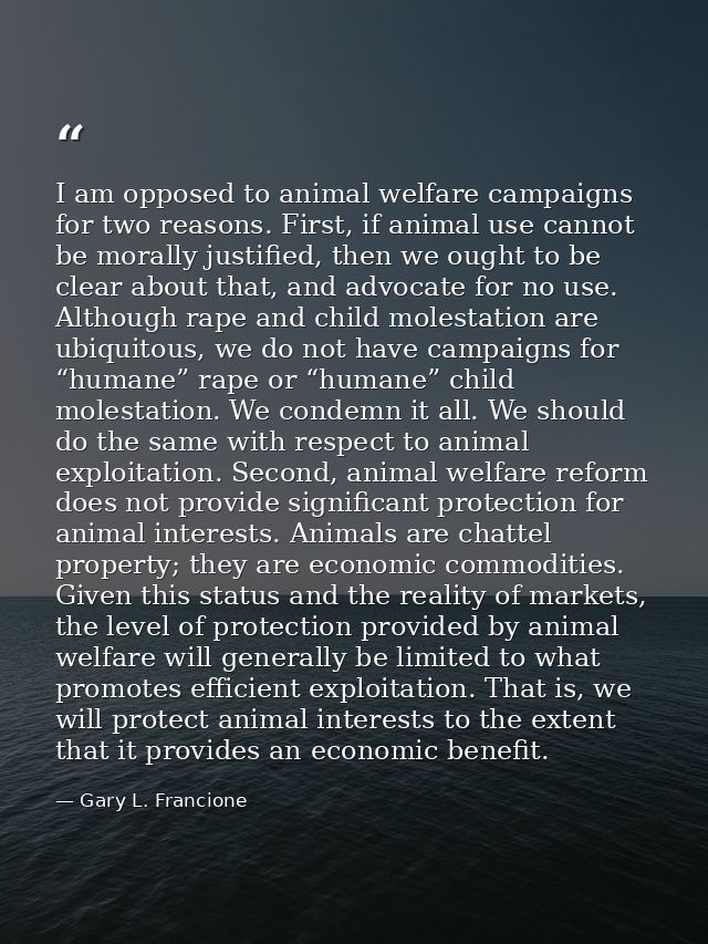 I am opposed to animal welfare campaigns for two reasons. First, if animal use cannot be morally justified, then we ough — Gary L. Francione