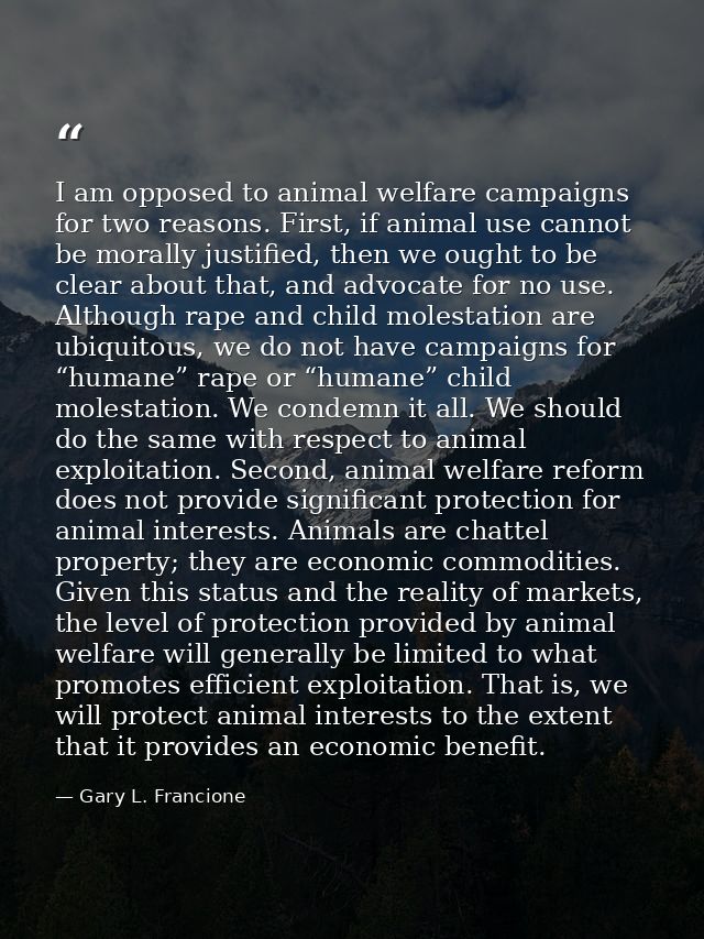 I am opposed to animal welfare campaigns for two reasons. First, if animal use cannot be morally justified, then we ough — Gary L. Francione
