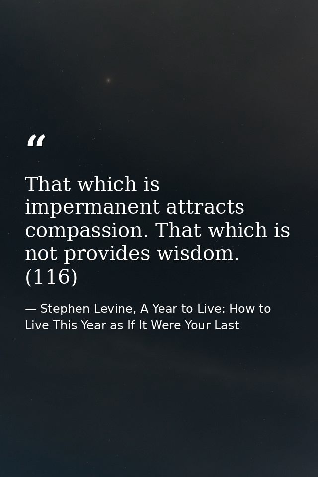 That which is impermanent attracts compassion. That which is not provides wisdom. (116) — Stephen Levine, A Year to Live: How to Live This Year as If It Were Your Last