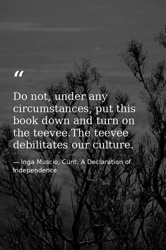 Do not, under any circumstances, put this book down and turn on the teevee.The teevee debilitates our culture. — Inga Muscio, Cunt: A Declaration of Independence