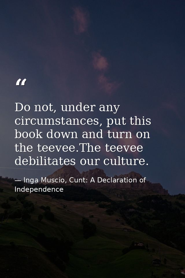 Do not, under any circumstances, put this book down and turn on the teevee.The teevee debilitates our culture. — Inga Muscio, Cunt: A Declaration of Independence
