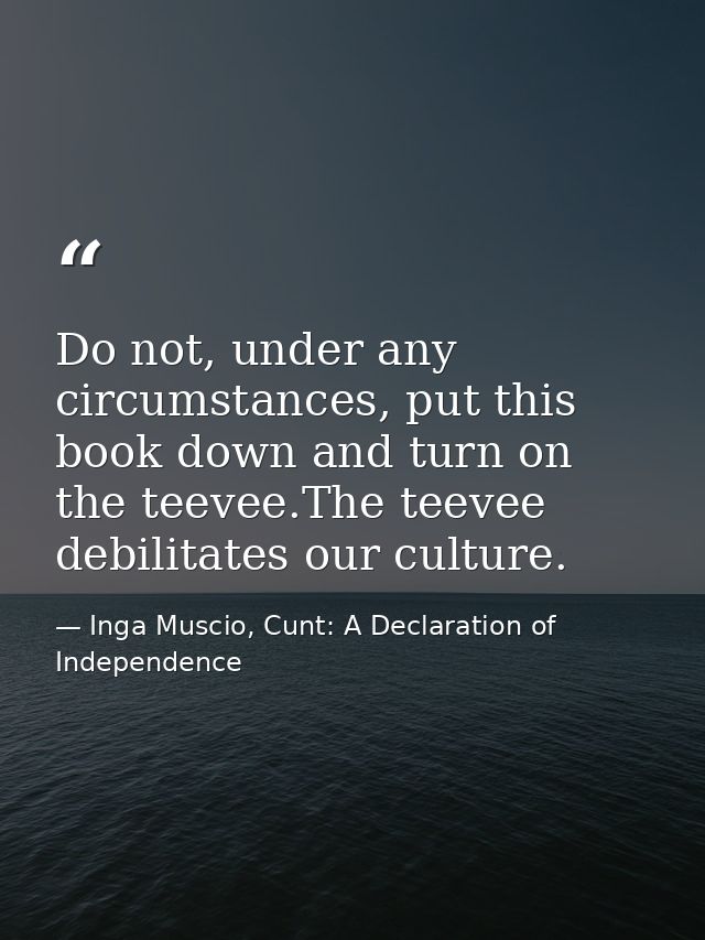 Do not, under any circumstances, put this book down and turn on the teevee.The teevee debilitates our culture. — Inga Muscio, Cunt: A Declaration of Independence