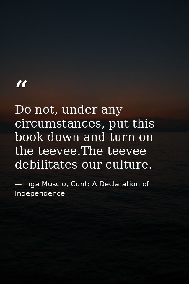 Do not, under any circumstances, put this book down and turn on the teevee.The teevee debilitates our culture. — Inga Muscio, Cunt: A Declaration of Independence