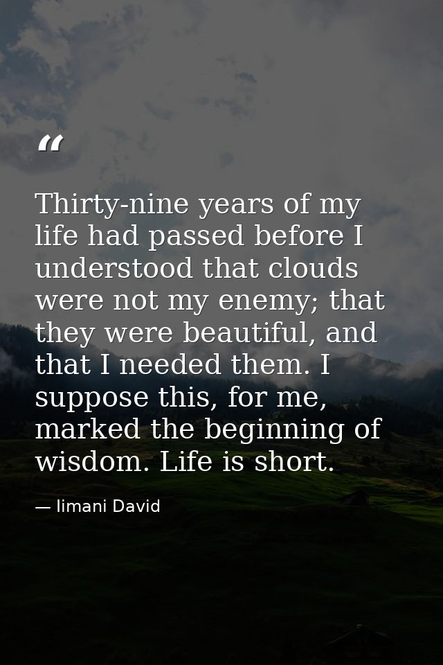 Thirty-nine years of my life had passed before I understood that clouds were not my enemy; that they were beautiful, and — Iimani David