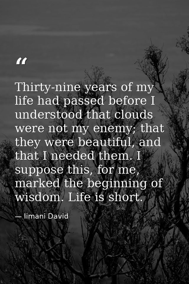 Thirty-nine years of my life had passed before I understood that clouds were not my enemy; that they were beautiful, and — Iimani David