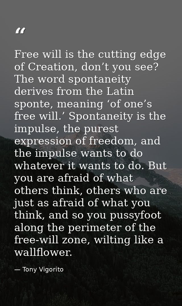 Free will is the cutting edge of Creation, don’t you see? The word spontaneity derives from the Latin sponte, meaning ‘o — Tony Vigorito