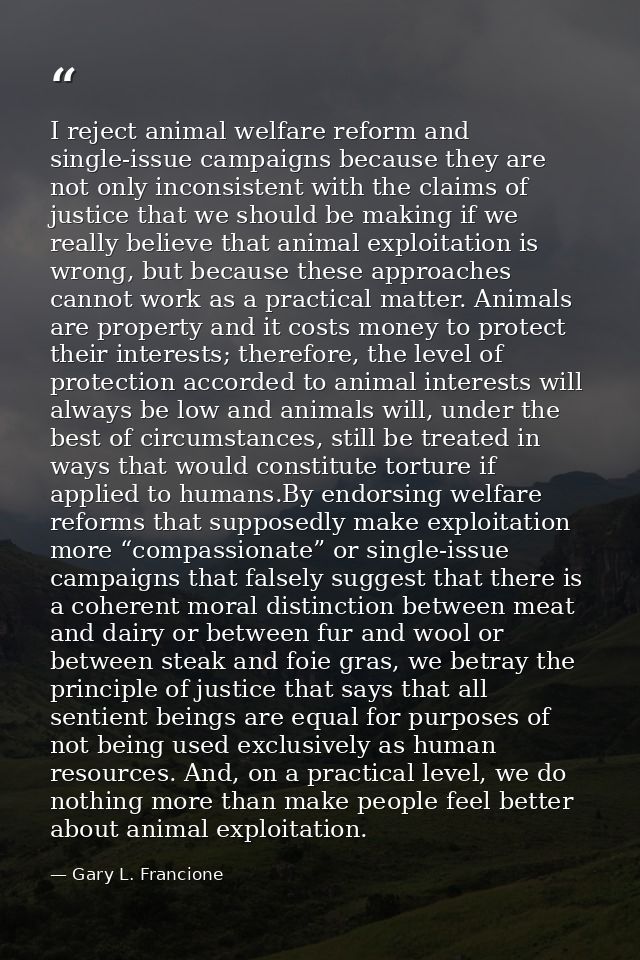 I reject animal welfare reform and single-issue campaigns because they are not only inconsistent with the claims of just — Gary L. Francione