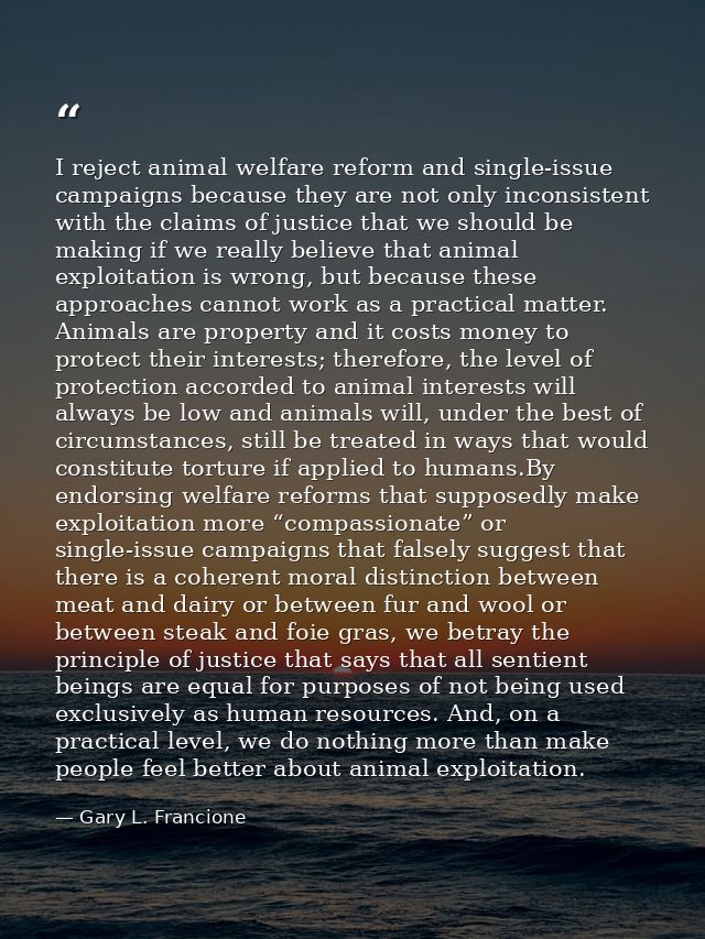 I reject animal welfare reform and single-issue campaigns because they are not only inconsistent with the claims of just — Gary L. Francione
