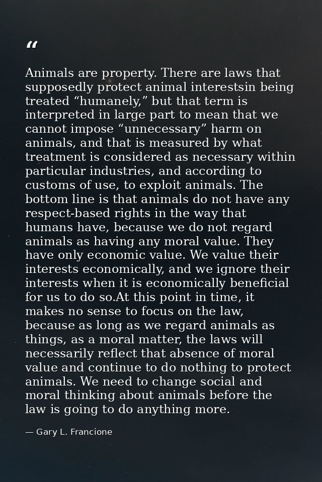 Animals are property. There are laws that supposedly protect animal interestsin being treated “humanely,” but that term  — Gary L. Francione