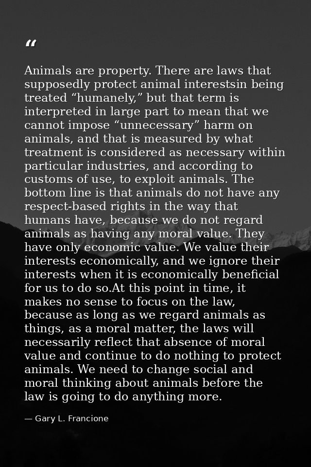 Animals are property. There are laws that supposedly protect animal interestsin being treated “humanely,” but that term  — Gary L. Francione