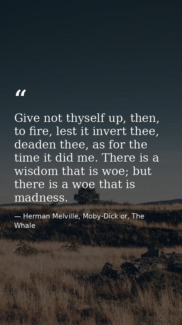 Give not thyself up, then, to fire, lest it invert thee, deaden thee, as for the time it did me. There is a wisdom that  — Herman Melville, Moby-Dick or, The Whale
