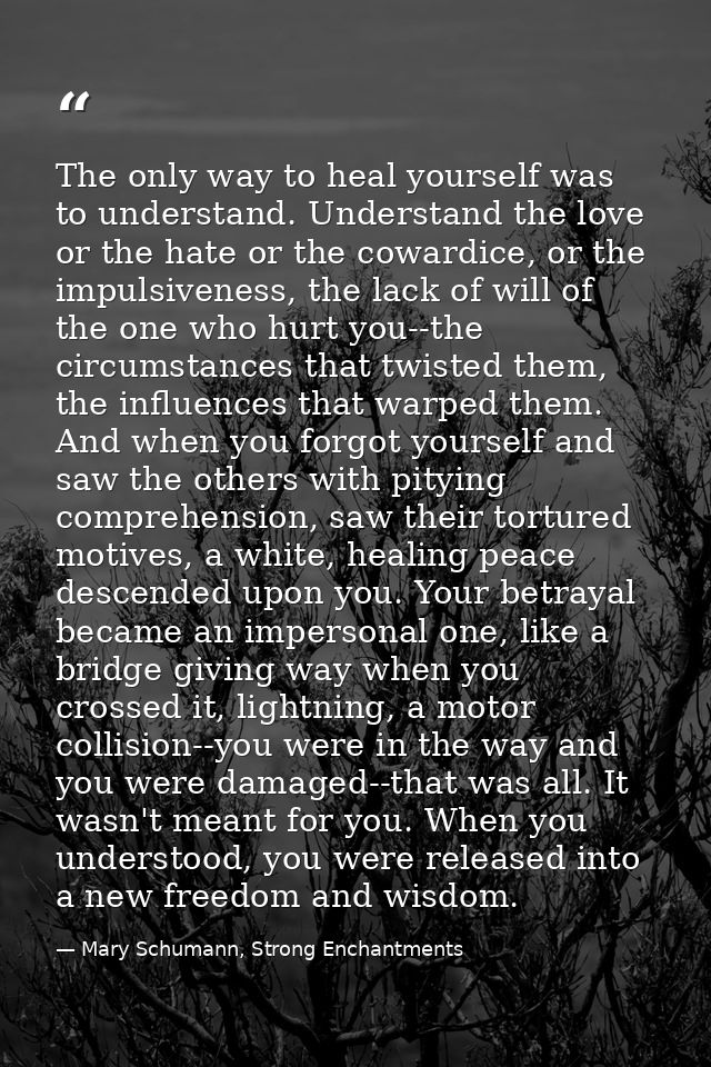 The only way to heal yourself was to understand. Understand the love or the hate or the cowardice, or the impulsiveness, — Mary Schumann, Strong Enchantments