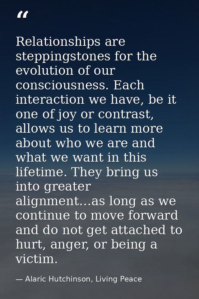 Relationships are steppingstones for the evolution of our consciousness. Each interaction we have, be it one of joy or c — Alaric Hutchinson, Living Peace